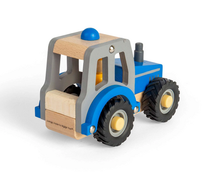 Wooden toy tractor with blue and gray accents on a white background MINI BLUE TRACTOR | BIGJIGS