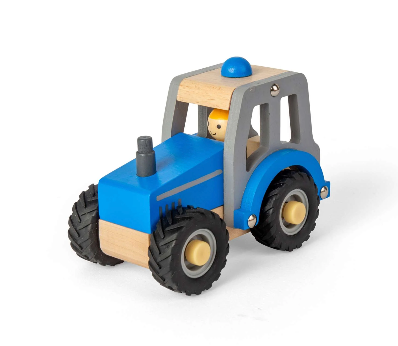 Wooden toy tractor with blue body and gray and black tires on a white background MINI BLUE TRACTOR | BIGJIGS