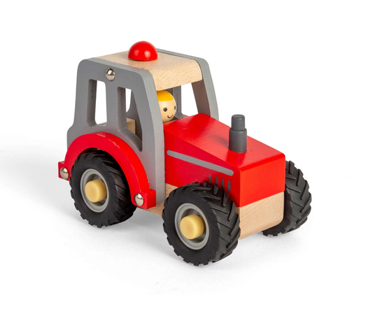 Wooden toy tractor with a red body and black wheels. MINI RED WOODEN TRACTOR | BIGJIGS