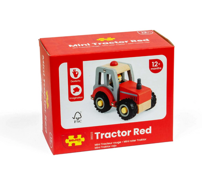 Red toy tractor packaging. MINI RED WOODEN TRACTOR | BIGJIGS
