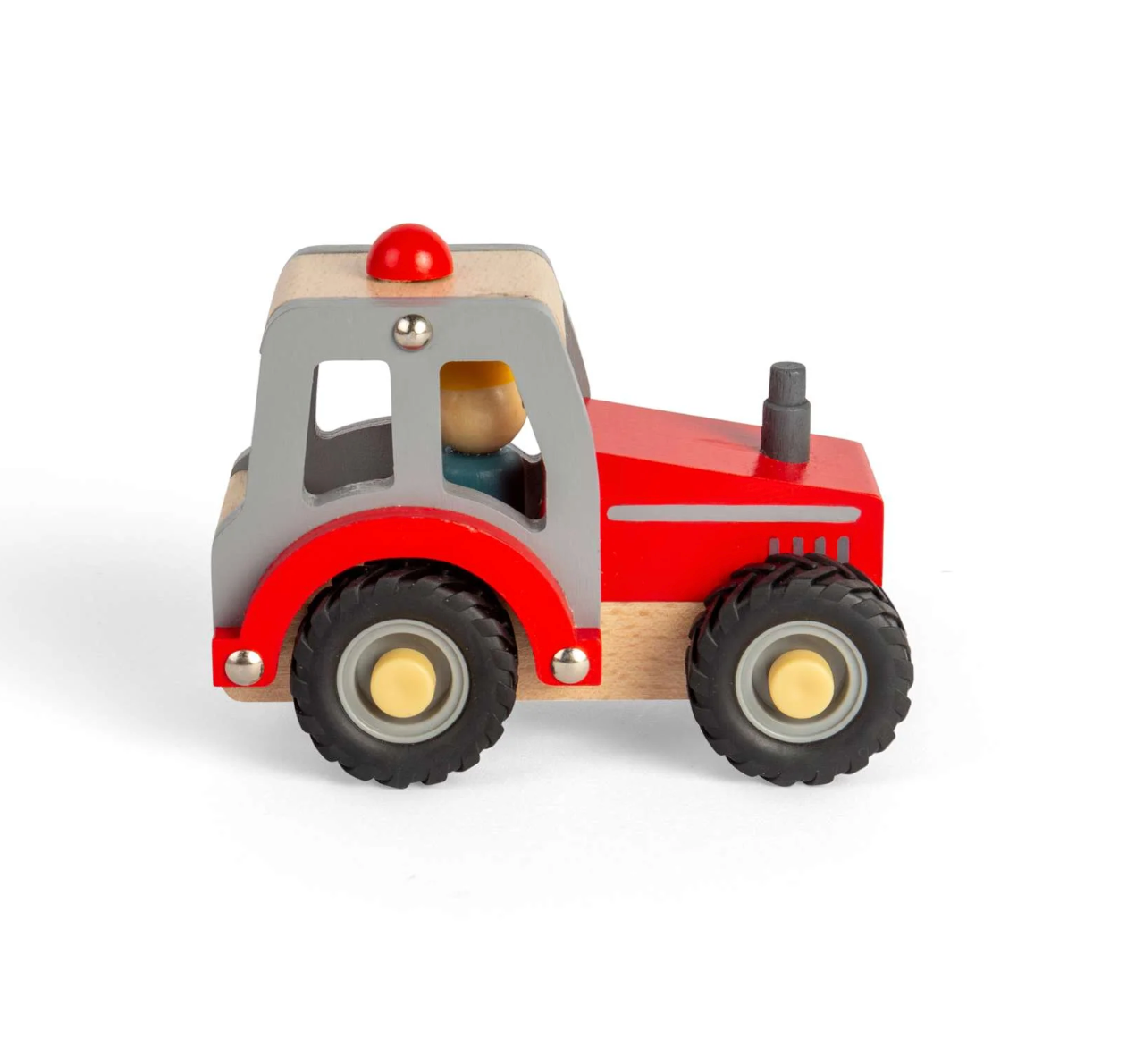 Wooden toy tractor with red body and black wheels. MINI RED WOODEN TRACTOR | BIGJIGS