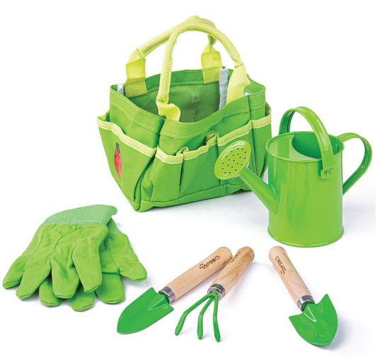 Kids green gardening tool set with a tote, mini watering can, gardening gloves, and shovels. MINI TOY GARDENING TOTE WITH TOOLS | BIGJIGS