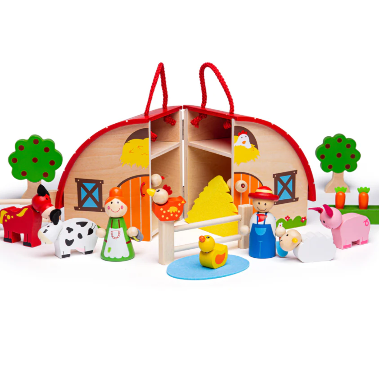 A wooden farm playset with a variety of colorful animal figures including a horse, sheep, cow, and pig, as well as farm figures like Mr. and Mrs. MINI WOODEN FARM PLAYSET | BIGJIGS