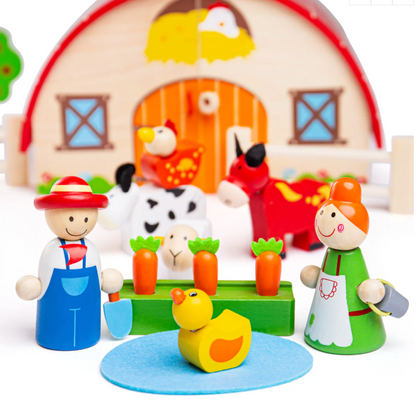 Wooden farm set with figures and animals on a white background MINI WOODEN FARM PLAYSET | BIGJIGS