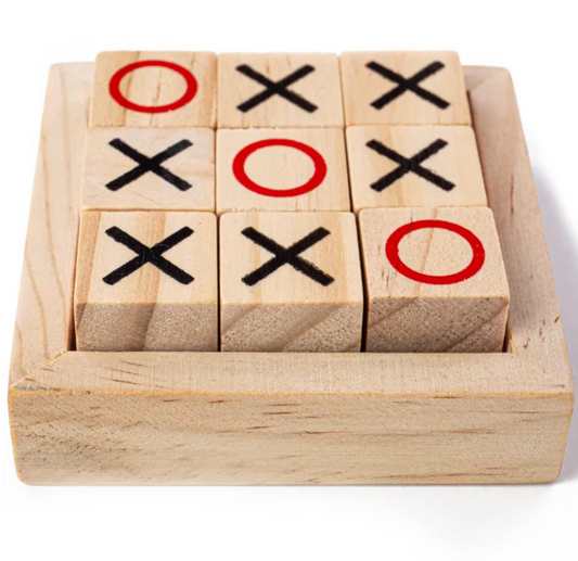 Wooden block game with 'O' and 'X' marks. MINI WOODEN NOUGHTS & CROSSES - TRAVEL SIZE | BIGJIGS