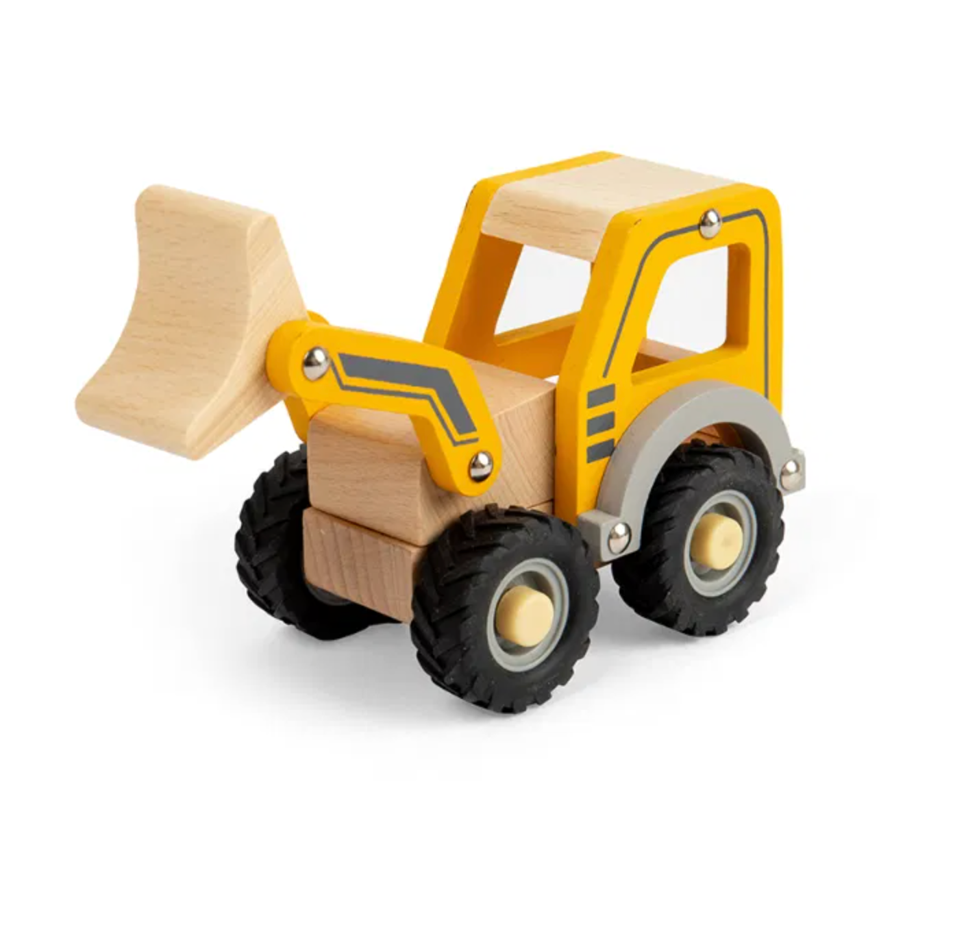 Wooden toy bulldozer with yellow and brown colors. MINI WOODEN YELLOW DIGGER | BIGJIGS