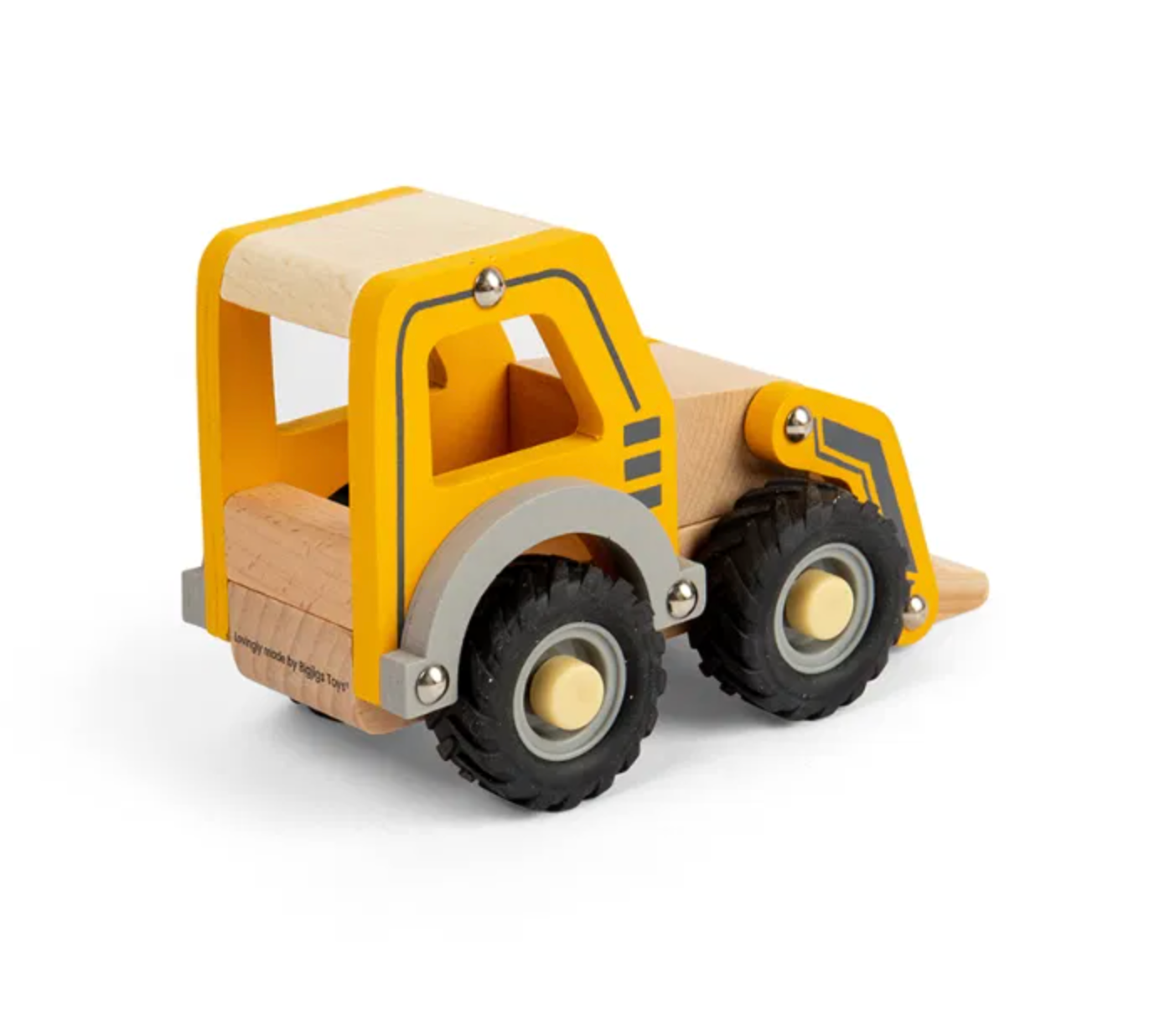 Wooden toy bulldozer with yellow and brown colors. MINI WOODEN YELLOW DIGGER | BIGJIGS