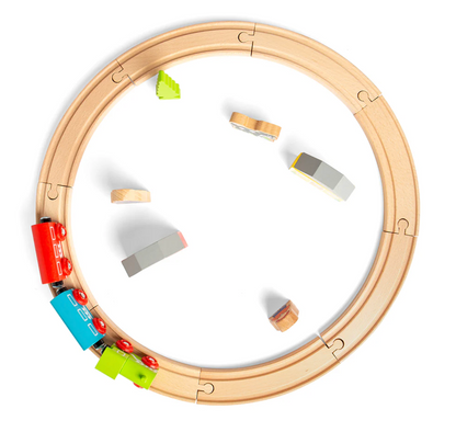 Wooden toy train track with colorful train cars on a white background MY FIRST TRAIN SET | BIGJIGS