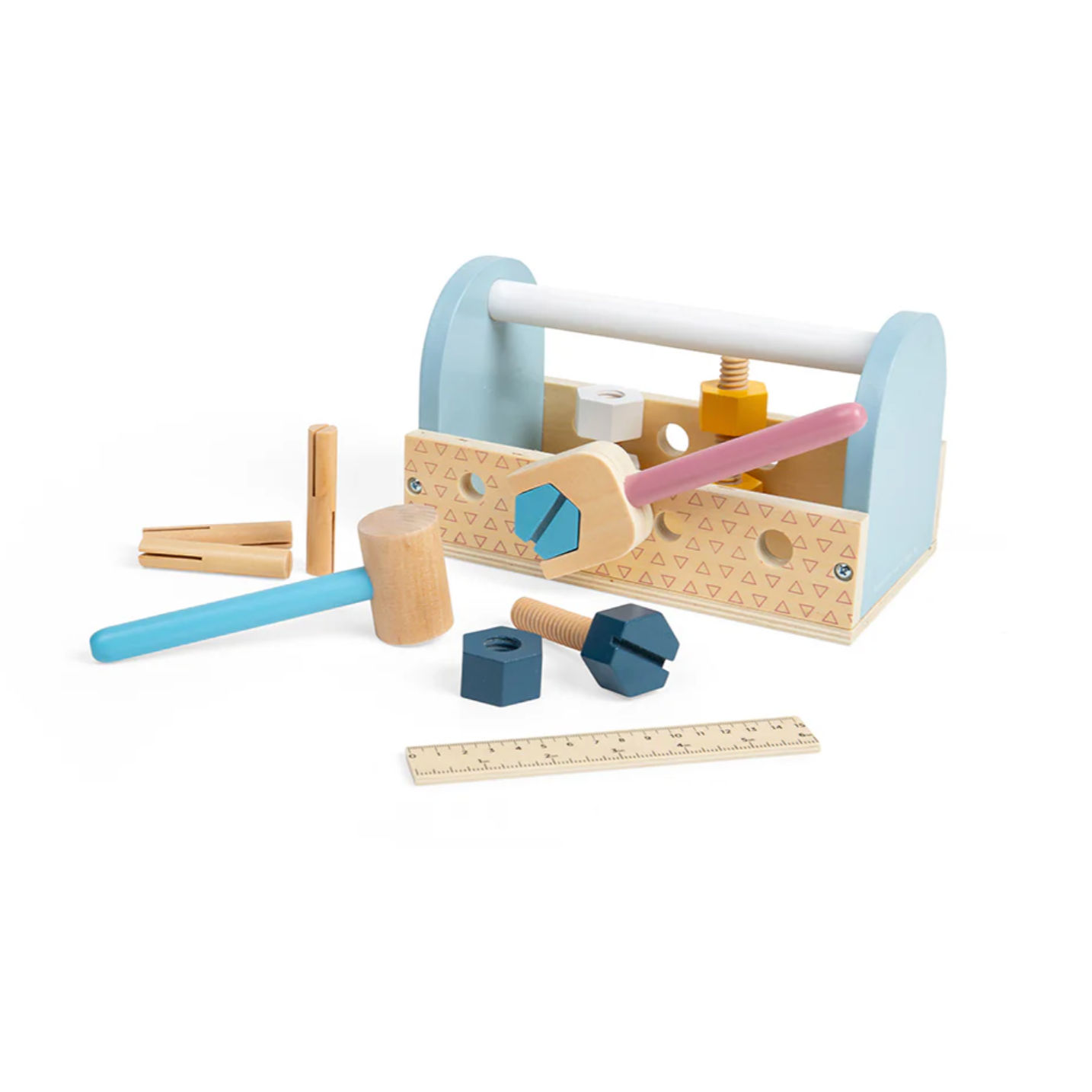 A children's wooden tool box set with a spanner, hammer, screwdriver, ruler, and nuts & bolts, in pastel colors. MY FIRST WOODEN TOOLBOX | BIGJIGS