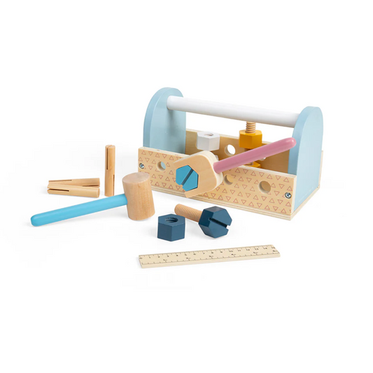 A children's wooden tool box set with a spanner, hammer, screwdriver, ruler, and nuts & bolts, in pastel colors. MY FIRST WOODEN TOOLBOX | BIGJIGS