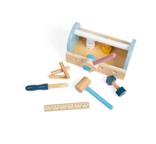 Wooden toy toolbox with tools on a white background MY FIRST WOODEN TOOLBOX | BIGJIGS
