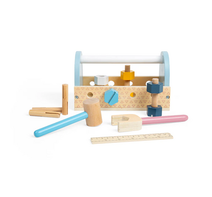 Set of wooden tools including a hammer, chisel, and ruler on a white background MY FIRST WOODEN TOOLBOX | BIGJIGS