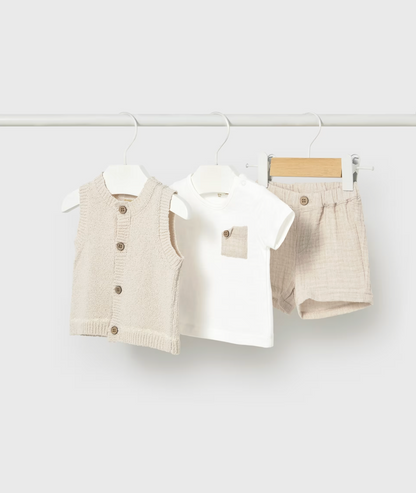 Children's clothing set with vest, shirt, and shorts on hangers. NEUTRAL BABY SHORTS WITH VEST AND T-SHIRT SET | MAYORAL