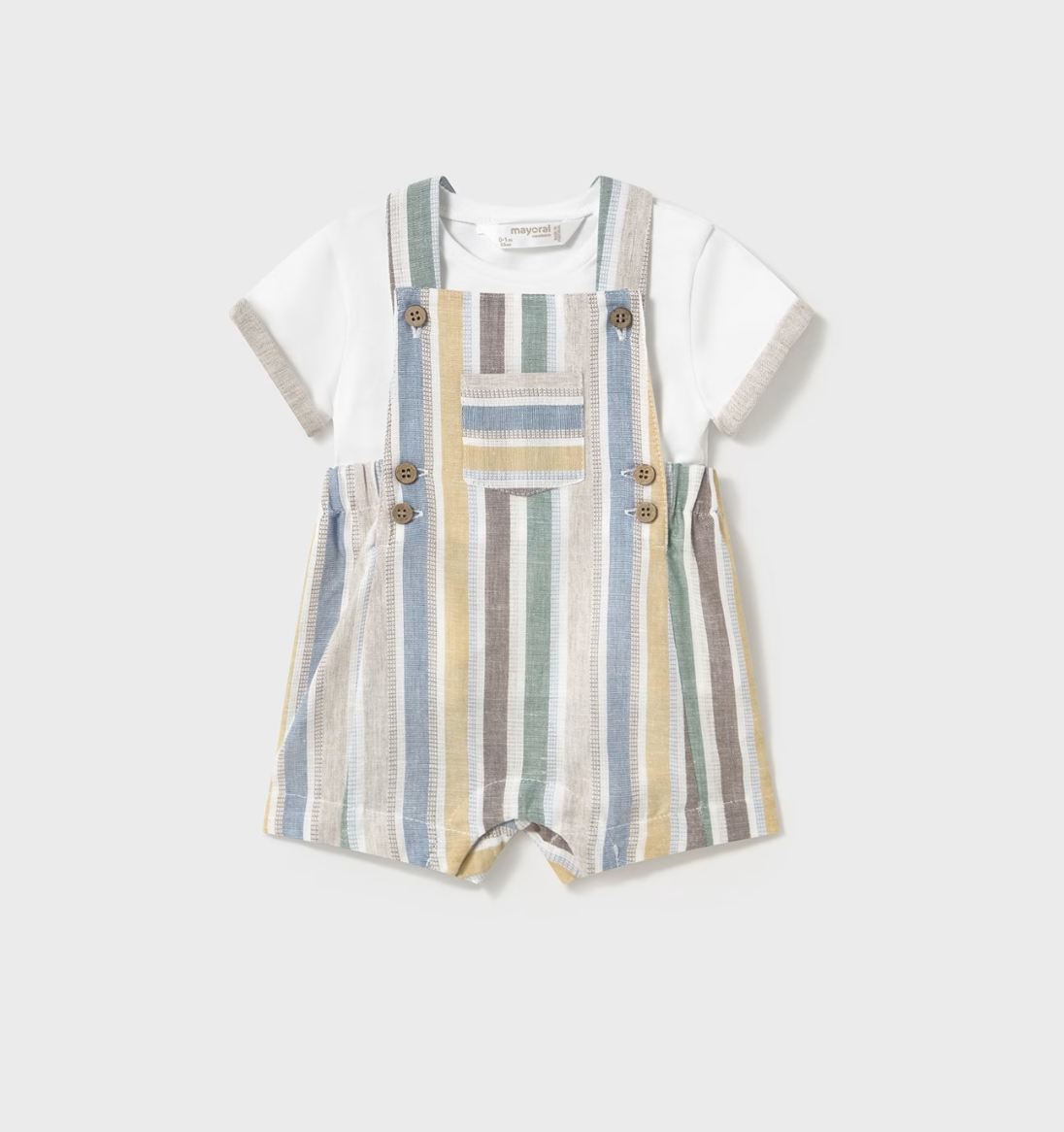 Baby romper with striped overalls and white shirt. NEWBORN BABY STRIPED LINEN SHORT DUNGAREES AND T-SHIRT SET | MAYORAL 
