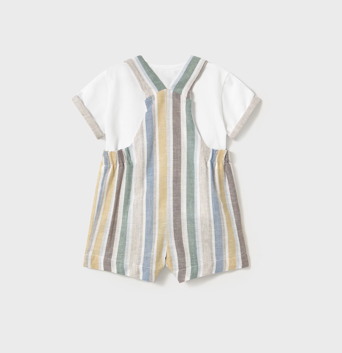 Striped romper. NEWBORN BABY STRIPED LINEN SHORT DUNGAREES AND T-SHIRT SET | MAYORAL 