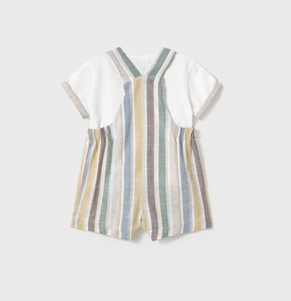 Striped romper. NEWBORN BABY STRIPED LINEN SHORT DUNGAREES AND T-SHIRT SET | MAYORAL 