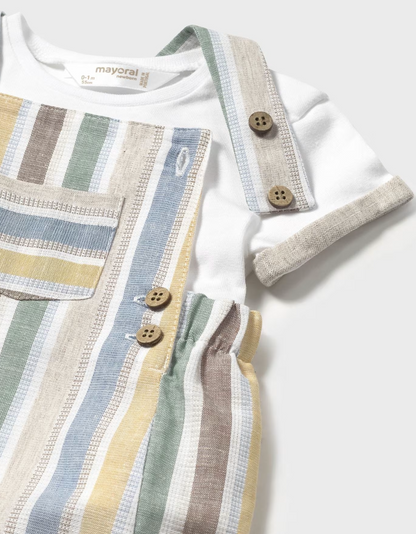 Baby outfit with striped pattern and buttons. NEWBORN BABY STRIPED LINEN SHORT DUNGAREES AND T-SHIRT SET | MAYORAL 