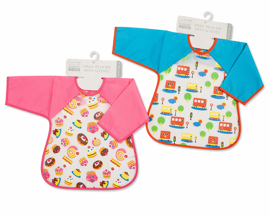 Nursery Time long-sleeve PEVA baby bibs on hangers — pink version with cakes and doughnuts print and blue version with happy buses and transport print, both with clear PEVA front panel