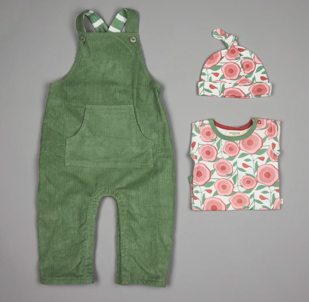 Green corduroy overalls with matching floral hat and BODY. ORGANIC COTTON BABY BODY - LARGE FLORAL | PIGEON ORGANICS