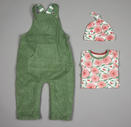 Green corduroy overalls with matching floral hat and BODY. ORGANIC COTTON BABY BODY - LARGE FLORAL | PIGEON ORGANICS