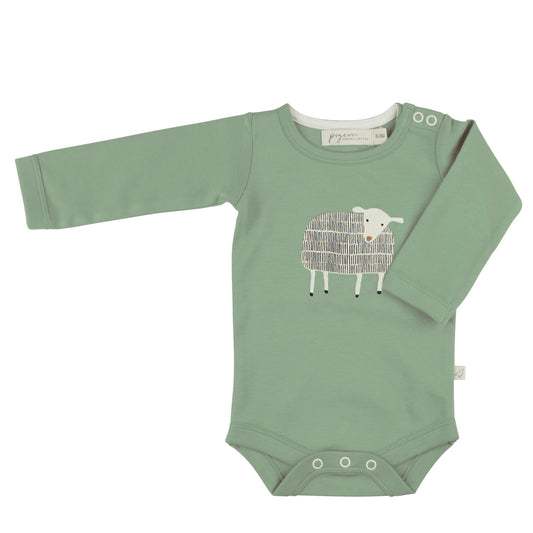 A long-sleeved green baby body suit with SHEEP print and poppers at the shoulders and crotch. ORGANIC COTTON BABY BODY SUIT - SHEEP ON BASIL GREEN | PIGEON ORGANICS