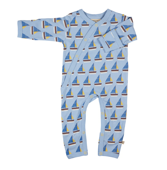 Baby onesie with sailboat pattern. ORGANIC COTTON BABY SLEEPSUIT - BLUE BOATS | PIGEON ORGANICS