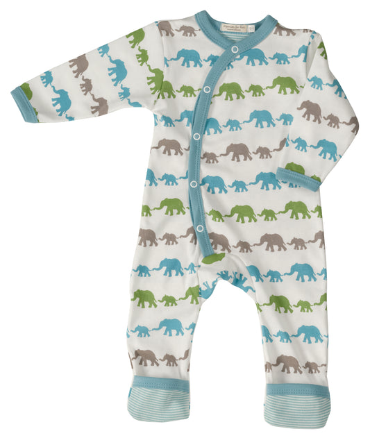 Baby onesie with elephant pattern on a white background