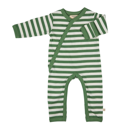 Green and white striped baby romper. ORGANIC COTTON BABY SLEEPSUIT - GREEN BRETON STRIPE | PIGEON ORGANICS