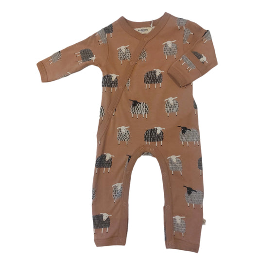 Brown baby onesie with animal pattern. ORGANIC COTTON BABY SLEEPSUIT - MACAROON SHEEP | PIGEON ORGANICS
