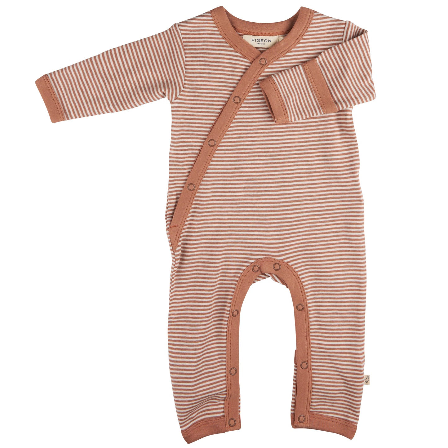 Striped baby romper with POPPERS. ORGANIC COTTON BABY SLEEPSUIT - MACAROON STRIPE | PIGEON ORGANICS 