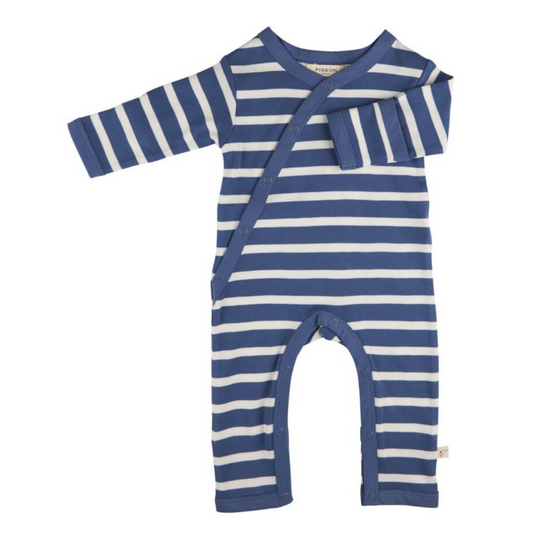 Blue and white striped baby romper. ORGANIC COTTON BABY SLEEPSUIT - NAVY BRETON STRIPE | PIGEON ORGANICS 