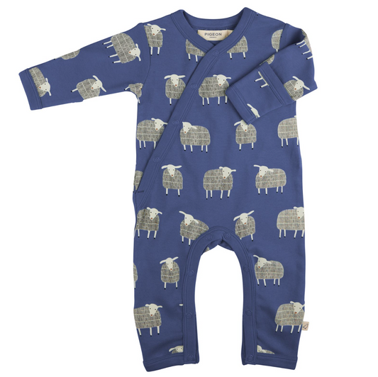Blue baby romper with sheep pattern. ORGANIC COTTON BABY SLEEPSUIT - NAVY SHEEP | PIGEON ORGANICS 