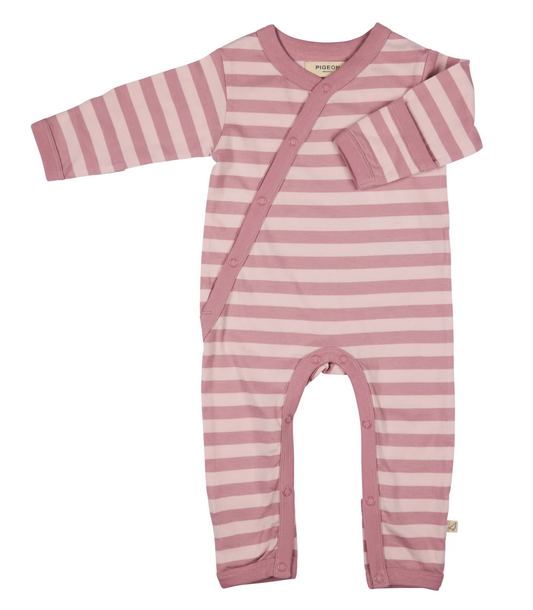 Pink and white striped baby romper. ORGANIC COTTON BABY SLEEPSUIT - PINK BRETON STRIPE | PIGEON ORGANICS