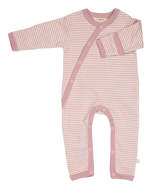 Pink and white striped baby romper with POPPERS. ORGANIC COTTON BABY SLEEPSUIT - PINK FINE STRIPE | PIGEON ORGANICS