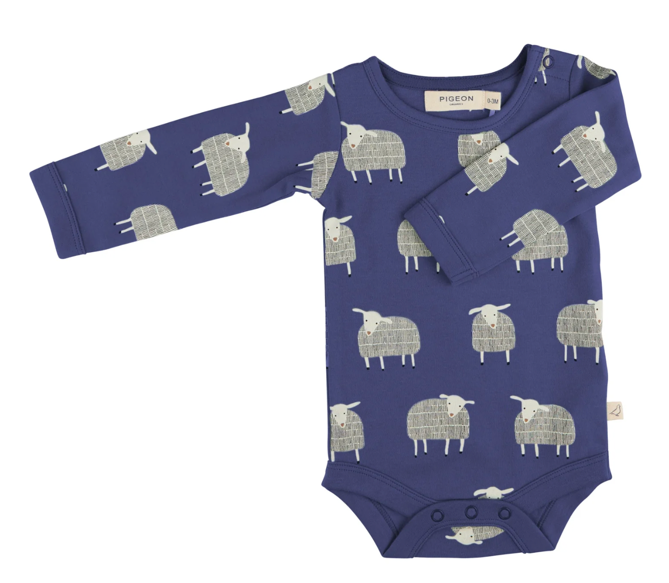 Blue baby onesie with sheep pattern. ORGANIC COTTON BODY - NAVY SHEEP | PIGEON ORGANICS