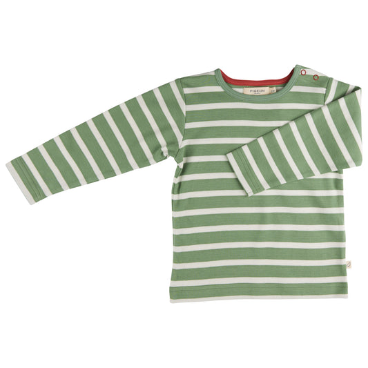 ORGANIC COTTON GREEN  LONG SLEEVE T-SHIRT - BASIL BRETON STRIPE | PIGEON