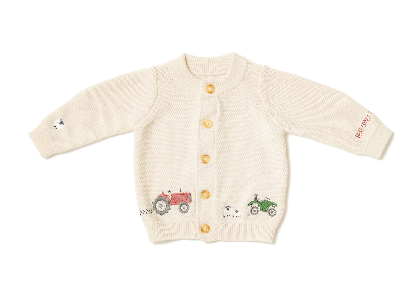 Baby cardigan with embroidered designs. ORGANIC COTTON ON THE FARM EMBROIDERED CARDIGAN | ELEANOR CHARLES