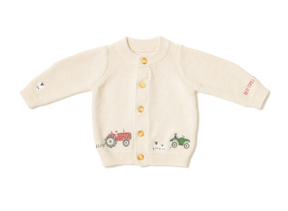Baby cardigan with embroidered designs. ORGANIC COTTON ON THE FARM EMBROIDERED CARDIGAN | ELEANOR CHARLES