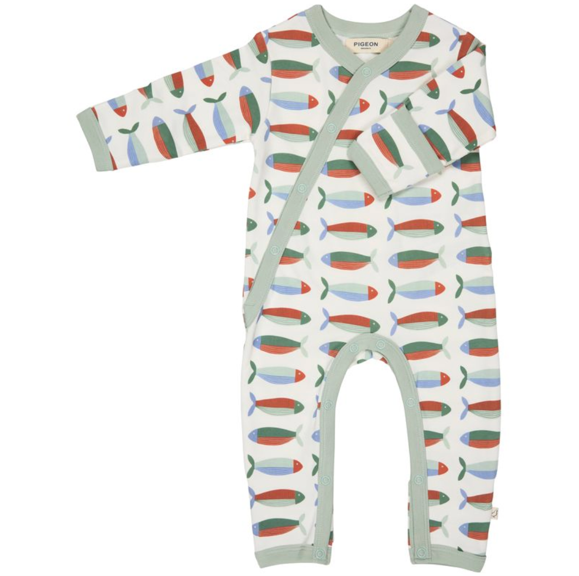 Baby Pigeon Organics romper with fish pattern on a white background