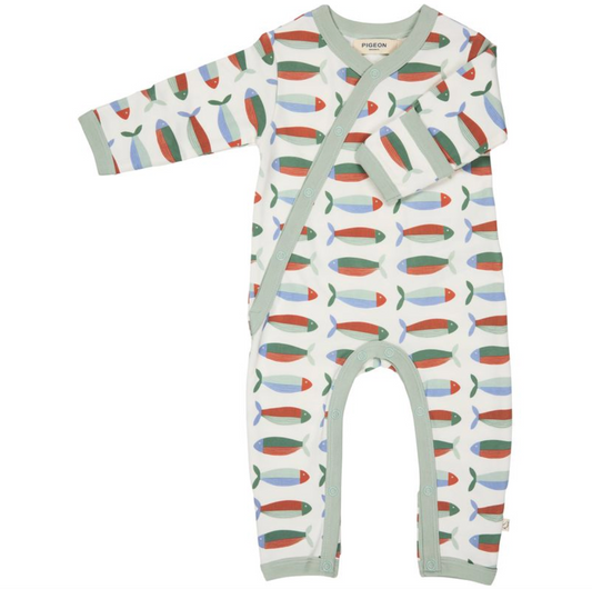 Baby Pigeon Organics romper with fish pattern on a white background