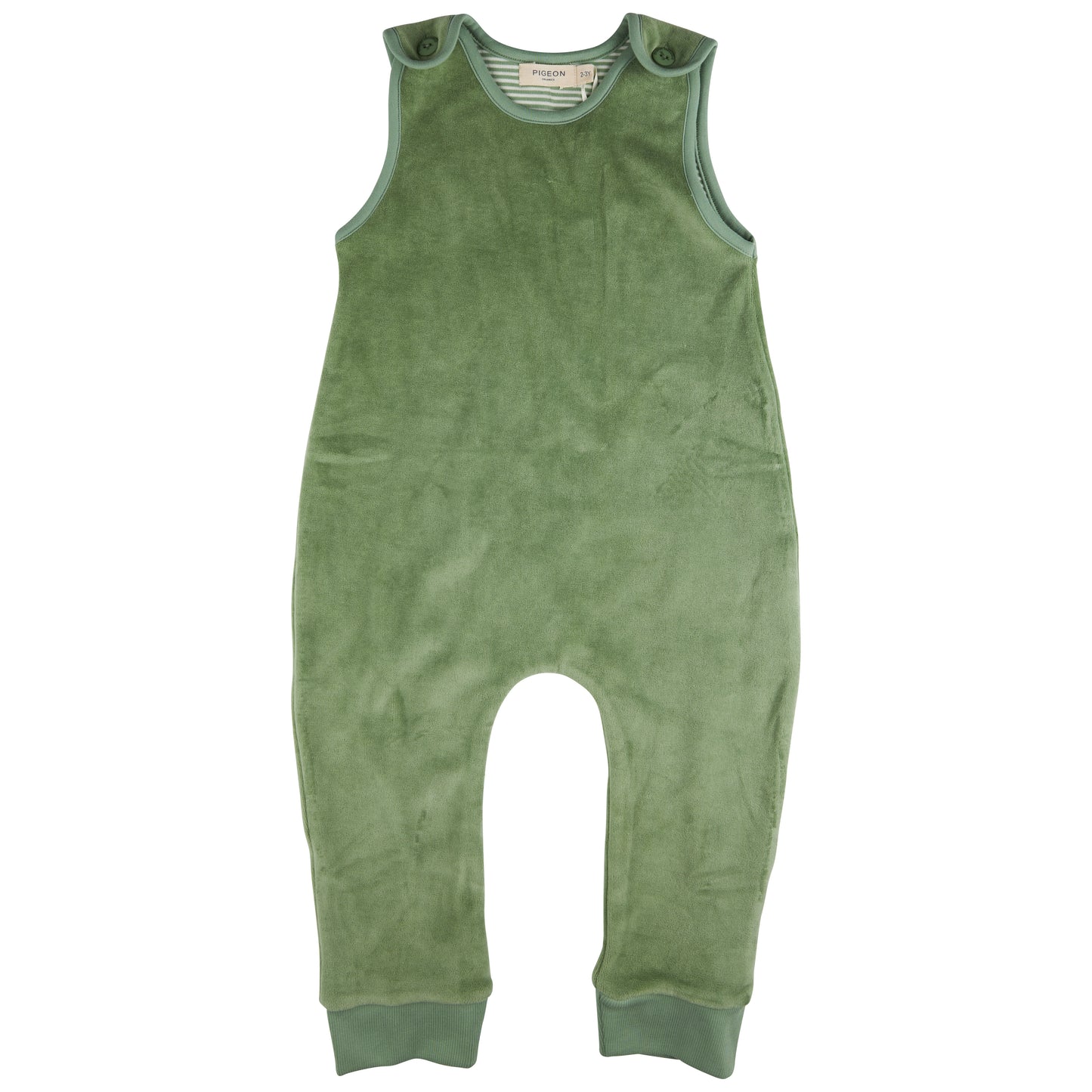 Pigeon Organics Organic Cotton Velour Baby Playsuit in Green — front ghost flat-lay on white background; sage/moss green 100% GOTS certified organic cotton velour sleeveless playsuit; round/crew neckline with tonal sage green ribbed binding at the neckline and armhole edges; soft cream and white striped jersey lining visible at the inner neckline edge; two small round self-covered olive/forest green snap buttons on each shoulder tab at the neckline — four snap buttons in total — for easy over-the-head dress