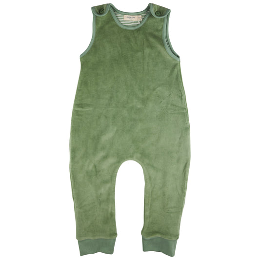 Pigeon Organics Organic Cotton Velour Baby Playsuit in Green — front ghost flat-lay on white background; sage/moss green 100% GOTS certified organic cotton velour sleeveless playsuit; round/crew neckline with tonal sage green ribbed binding at the neckline and armhole edges; soft cream and white striped jersey lining visible at the inner neckline edge; two small round self-covered olive/forest green snap buttons on each shoulder tab at the neckline — four snap buttons in total — for easy over-the-head dress