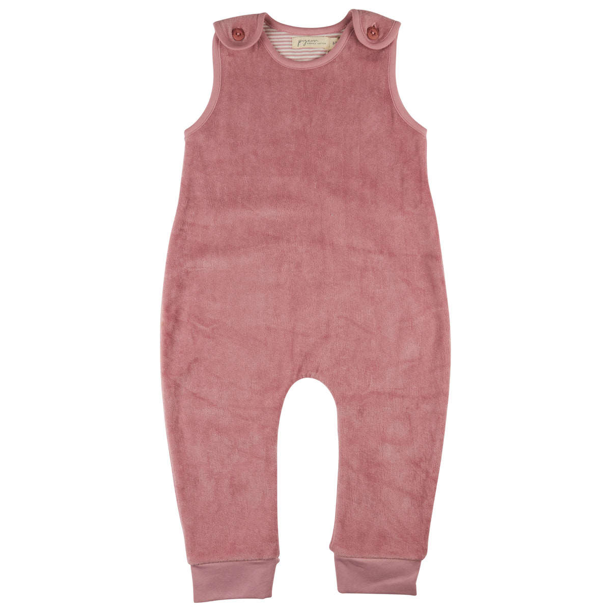 Pigeon Organics Organic Cotton Velour Baby Playsuit in Pink — front ghost flat-lay on white background; dusty rose/antique pink 100% GOTS certified organic cotton velour sleeveless playsuit; round/crew neckline with soft cream and white striped jersey lining visible at the inner neckline edge; two small round self-covered dark rose/burgundy snap buttons on each shoulder tab at the neckline — four snap buttons in total — for easy over-the-head dressing; velour outer with a beautiful soft plush pile texture c