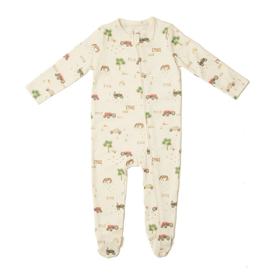 Baby onesie with farm animal pattern. ORGANIC COTTON ZIP-UP BABY SLEEPSUIT FARM PRINT | ELEANOR CHARLES