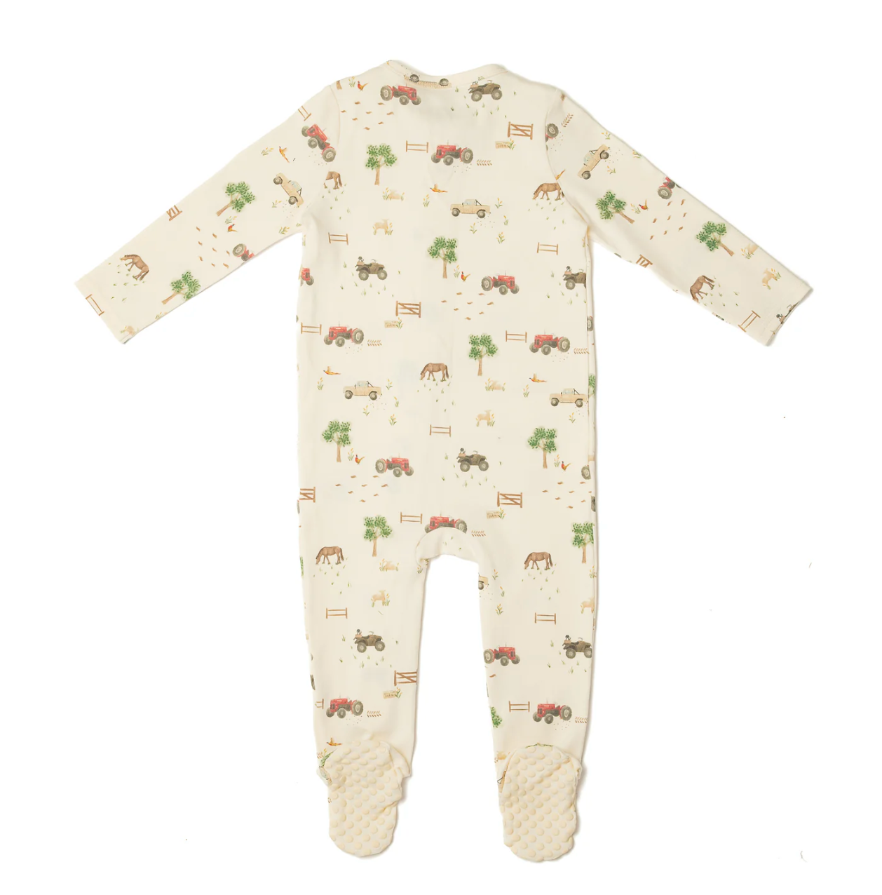 ORGANIC COTTON ZIP-UP BABY SLEEPSUIT FARM PRINT | ELEANOR CHARLES