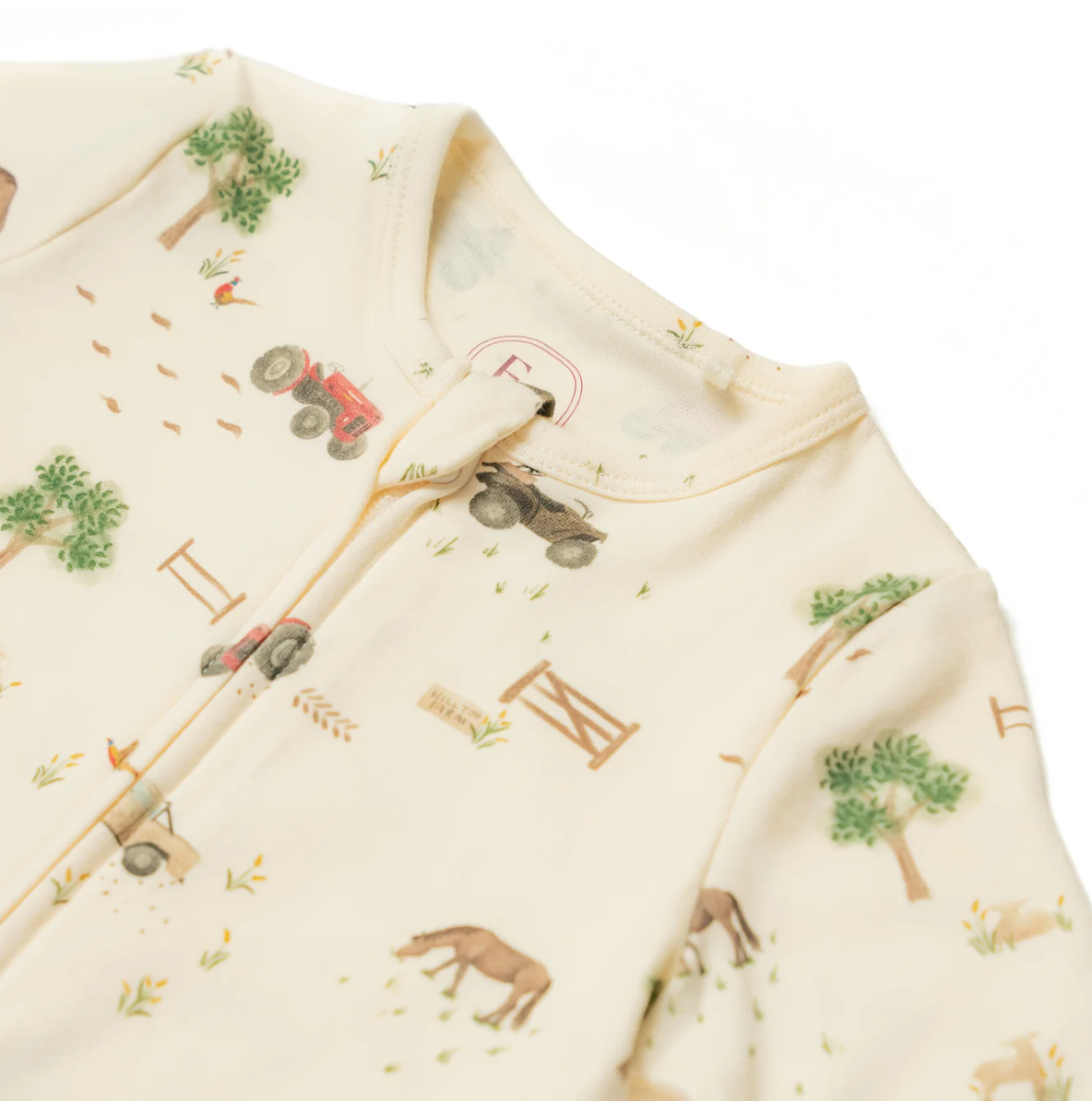 ORGANIC COTTON ZIP-UP BABY SLEEPSUIT FARM PRINT | ELEANOR CHARLES