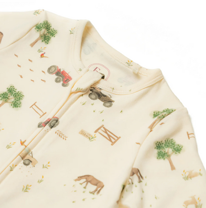 ORGANIC COTTON ZIP-UP BABY SLEEPSUIT FARM PRINT | ELEANOR CHARLES