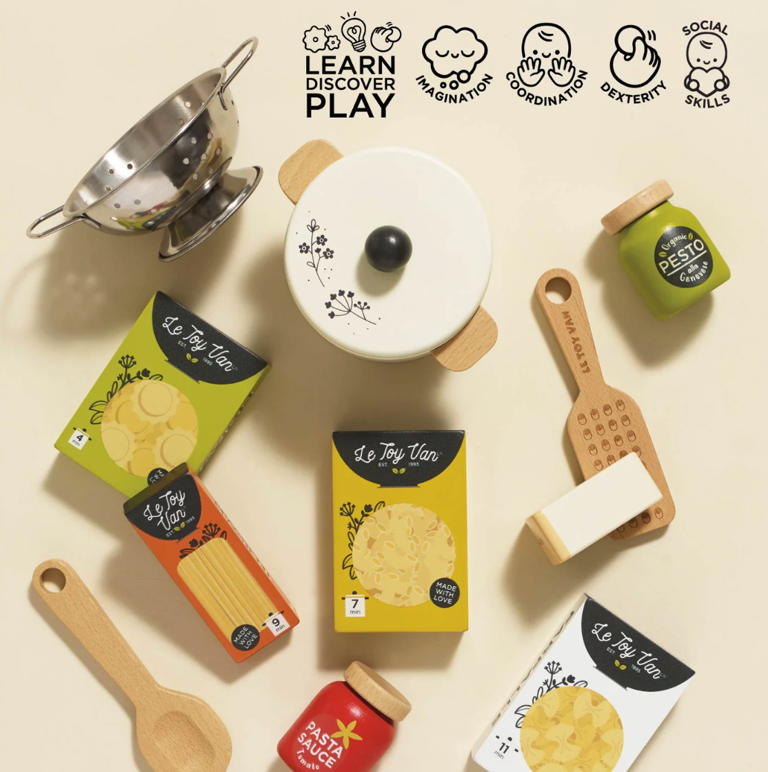 Collection of children's kitchen playset items with 'Le Toy Van' branding on a beige background.ORGANIC PASTA SET | LE TOY VAN