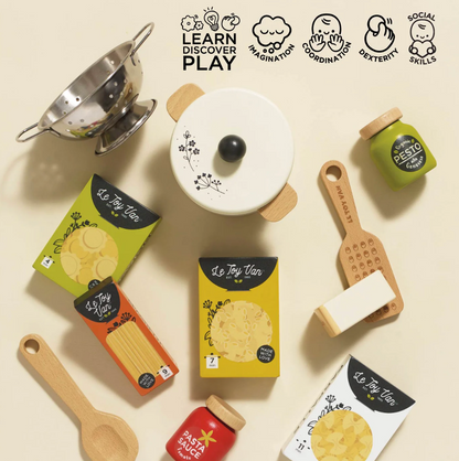 Collection of children's kitchen playset items with 'Le Toy Van' branding on a beige background.ORGANIC PASTA SET | LE TOY VAN