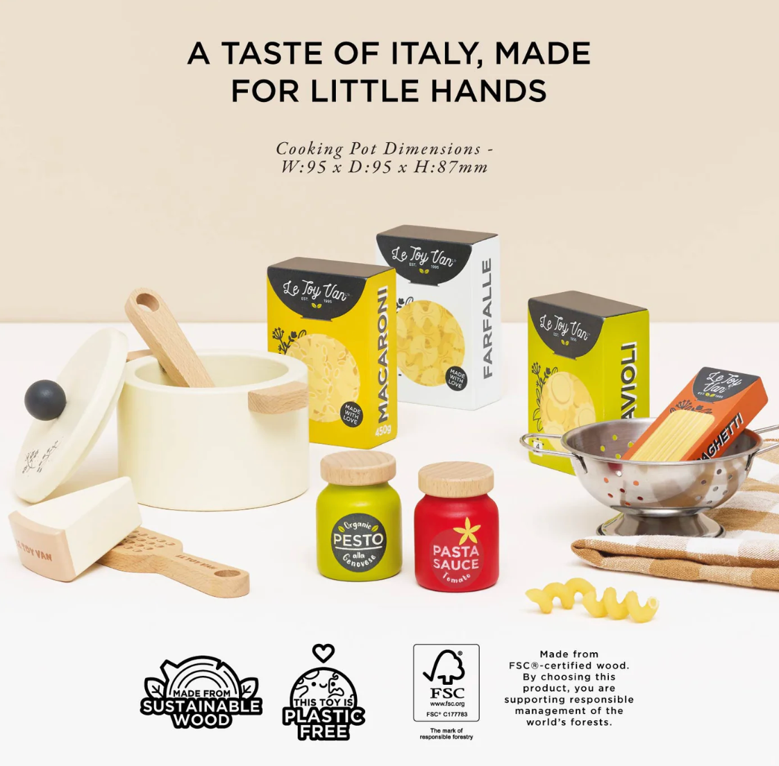 Children's kitchen playset with cooking pots, utensils, and miniature food packages on a white background. ORGANIC PASTA SET | LE TOY VAN